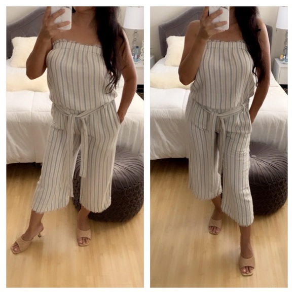 Cloth & Stone Striped Jumpsuit in Cream and Blue - Picture 1 of 4